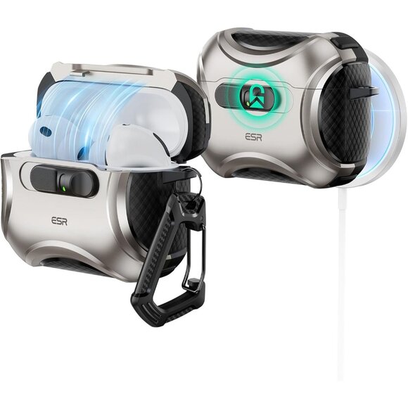 ESR Cyber Series AirPod Pro 3 (2025) Case MagSafe USB-C Drop-Proof Lock Titanium - Picture 1 of 11